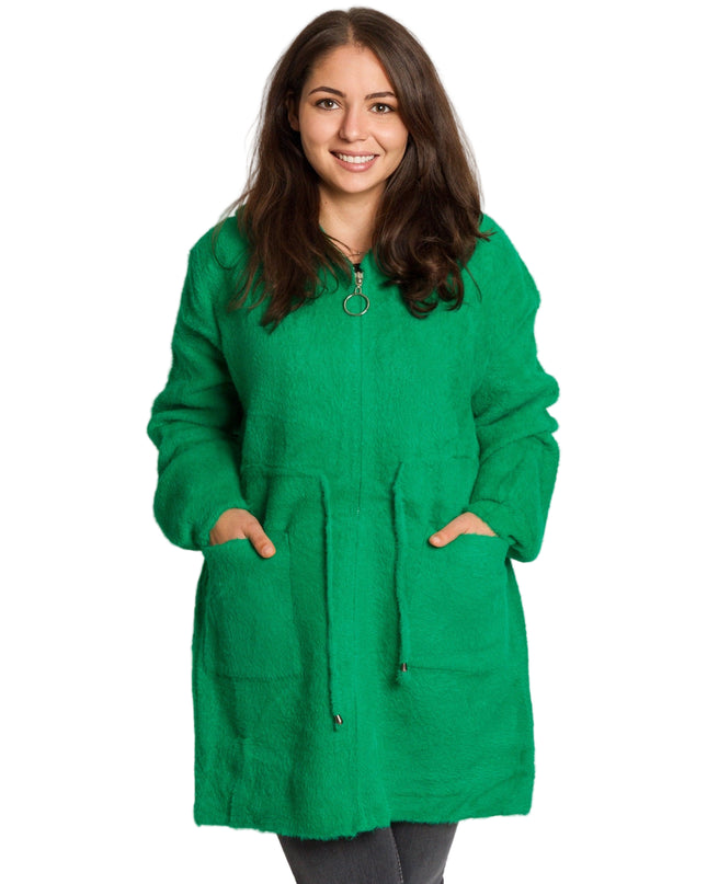 Μακρυά πράσινη παλτοζακέτα με κουκούλα και τσέπες