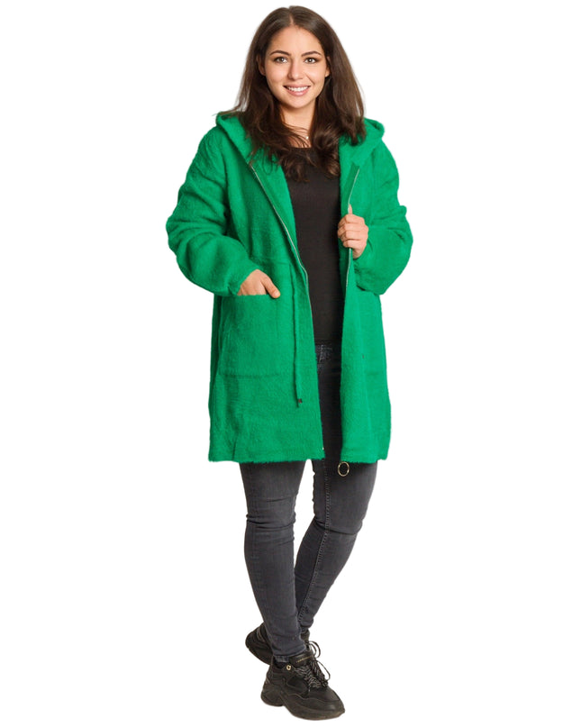 Μακρυά πράσινη παλτοζακέτα με κουκούλα και τσέπες