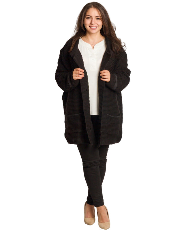 Μαύρη πλεκτή ζακέτα με κουμπιά και τσέπες μεγάλα μεγέθη