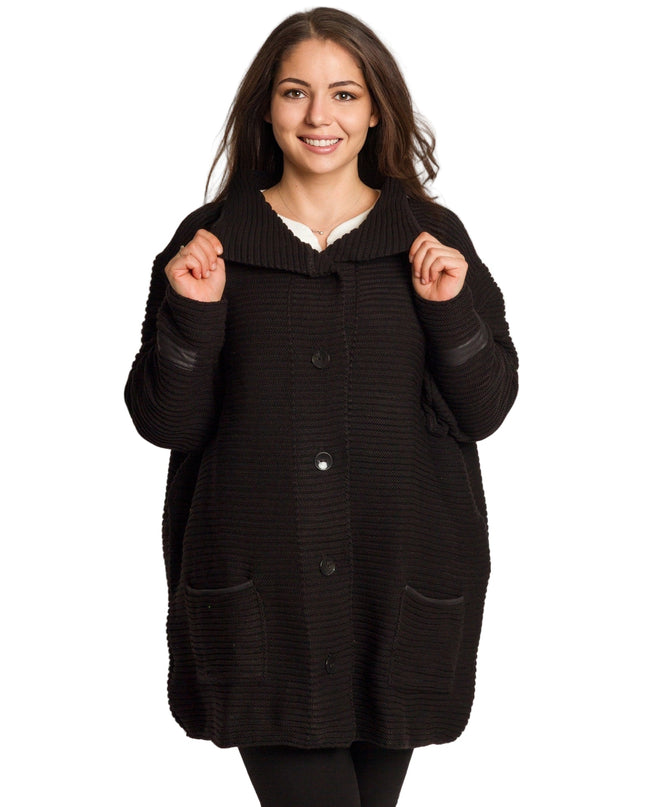 Μαύρη πλεκτή ζακέτα με κουμπιά και τσέπες μεγάλα μεγέθη