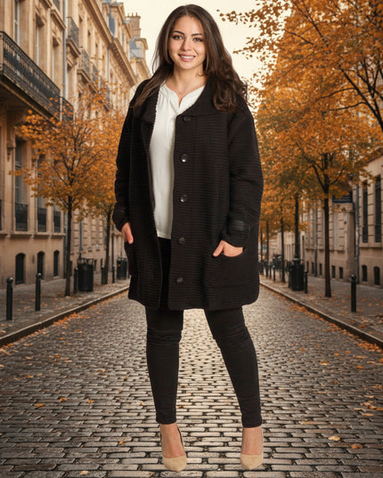 Μαύρη πλεκτή ζακέτα με κουμπιά και τσέπες μεγάλα μεγέθη