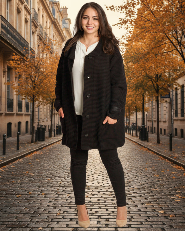 Μαύρη πλεκτή ζακέτα με κουμπιά και τσέπες μεγάλα μεγέθη