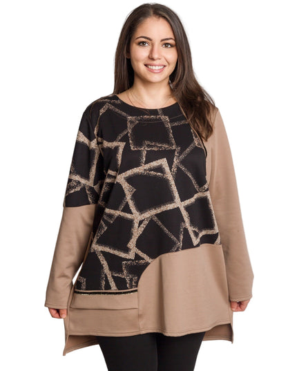 Μπέζ κομψή τουνίκ με γεωμετρικό μοτίβο σε μεγάλα μεγέθη