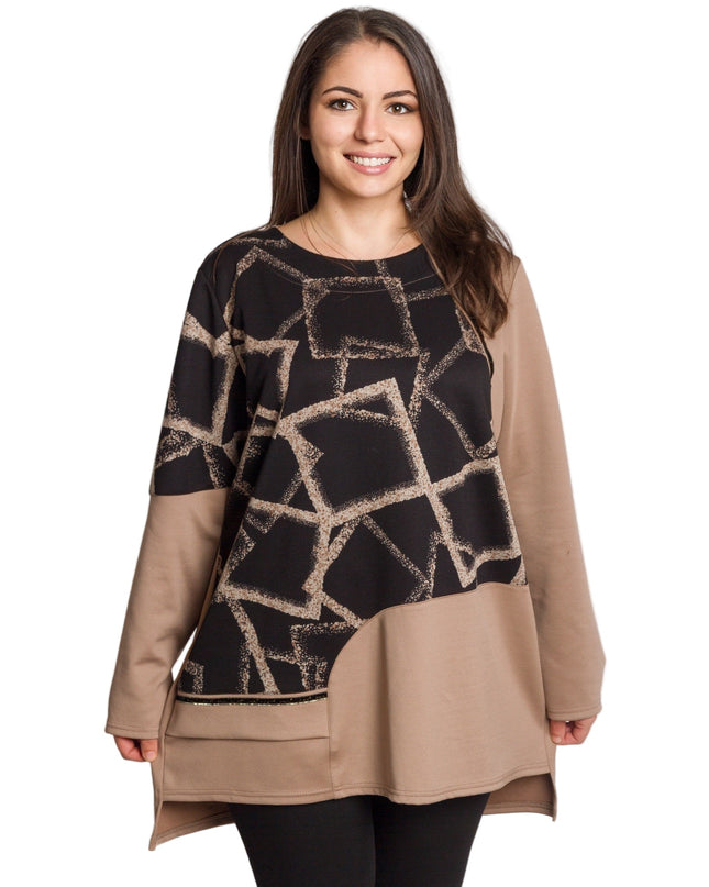 Μπέζ κομψή τουνίκ με γεωμετρικό μοτίβο σε μεγάλα μεγέθη