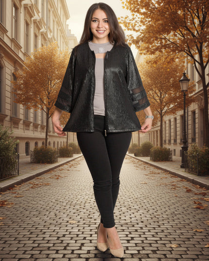 Μαύρο γυναικείο σακάκι με γυαλιστερή υφή σε μεγάλα μεγέθη