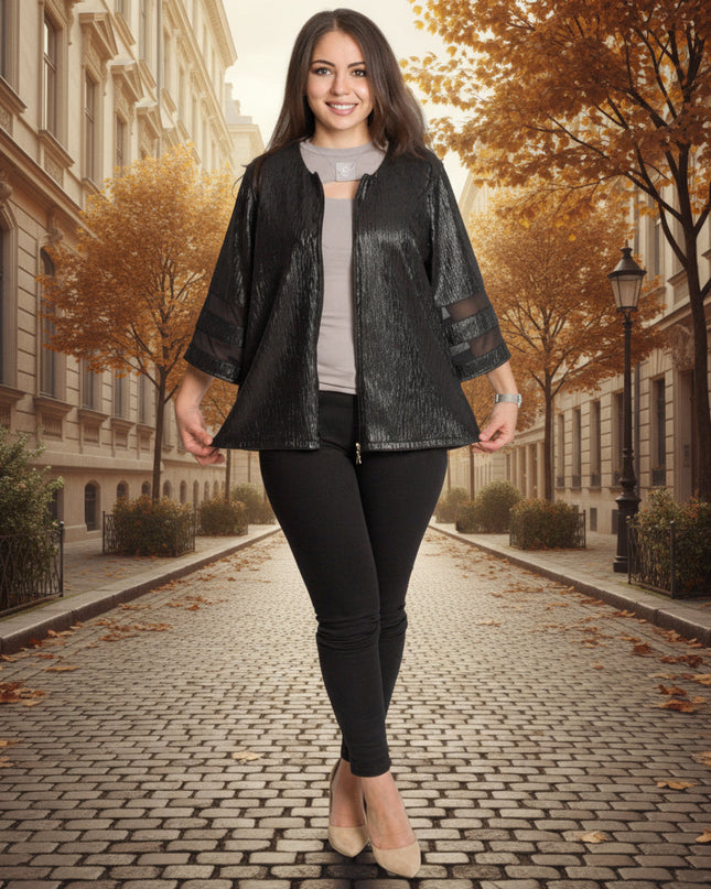Μαύρο γυναικείο σακάκι με γυαλιστερή υφή σε μεγάλα μεγέθη