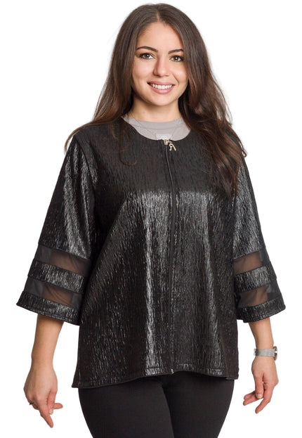 Μαύρο γυναικείο σακάκι με γυαλιστερή υφή σε μεγάλα μεγέθη