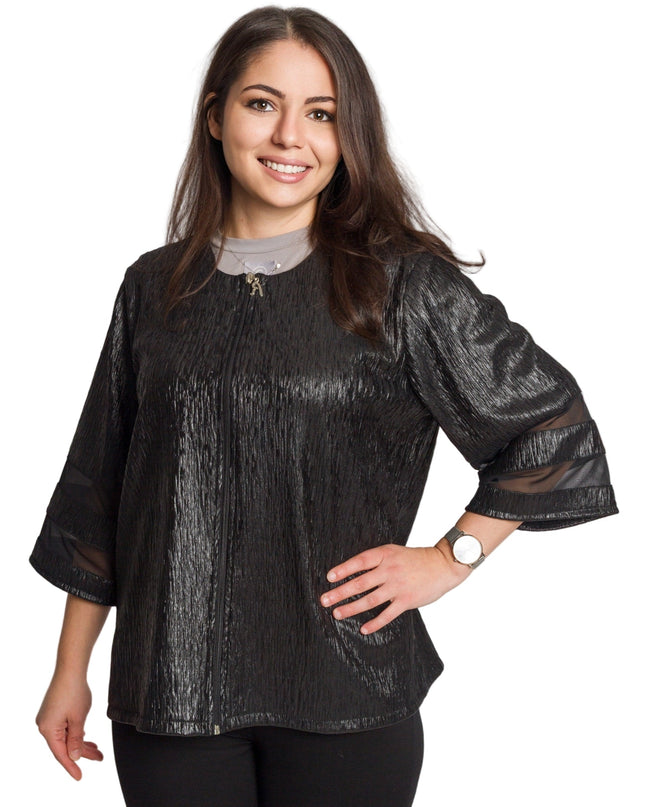 Μαύρο γυναικείο σακάκι με γυαλιστερή υφή σε μεγάλα μεγέθη