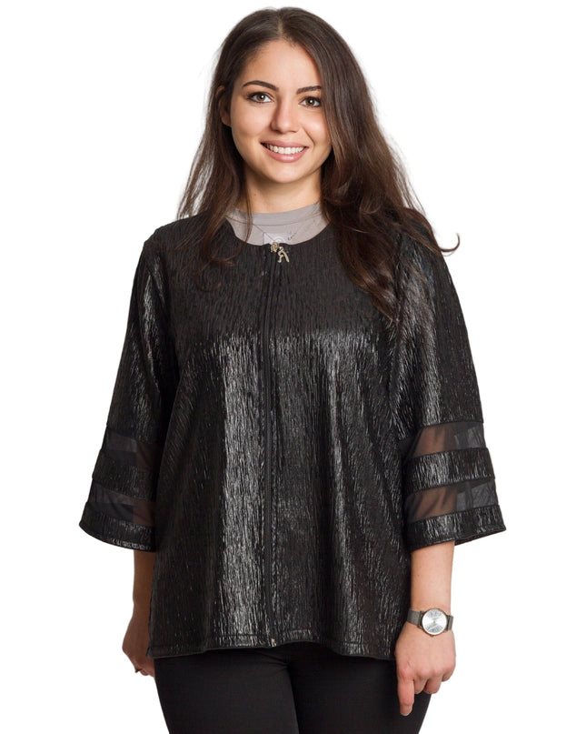 Μαύρο γυναικείο σακάκι με γυαλιστερή υφή σε μεγάλα μεγέθη