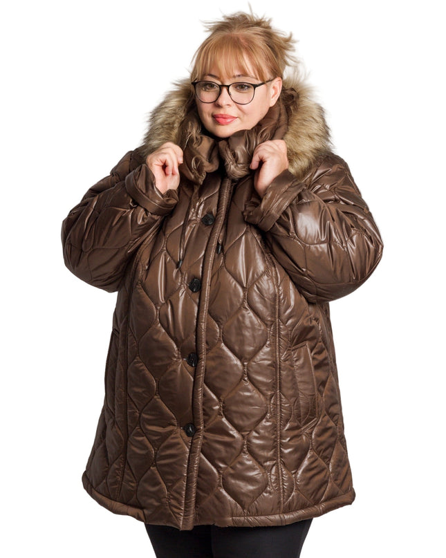 Μπουφάν σε καφέ με αποσπώμενη κουκούλα σε μεγάλα μεγέθη