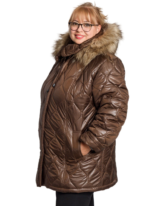 Μπουφάν σε καφέ με αποσπώμενη κουκούλα σε μεγάλα μεγέθη