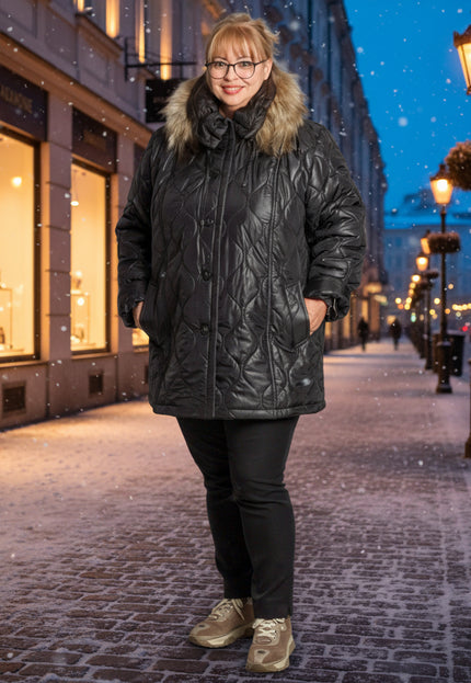 Κομψό Μαύρο Μπουφάν Plus-Size για Γυναίκες - Φθινόπωρο-Χειμώνας - Γεωμετρικό Σχέδιο - Με Κουκούλα και Τσέπες