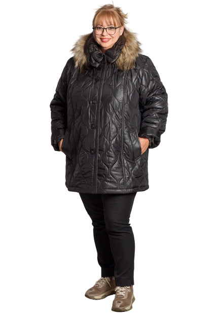 Κομψό Μαύρο Μπουφάν Plus-Size για Γυναίκες - Φθινόπωρο-Χειμώνας - Γεωμετρικό Σχέδιο - Με Κουκούλα και Τσέπες