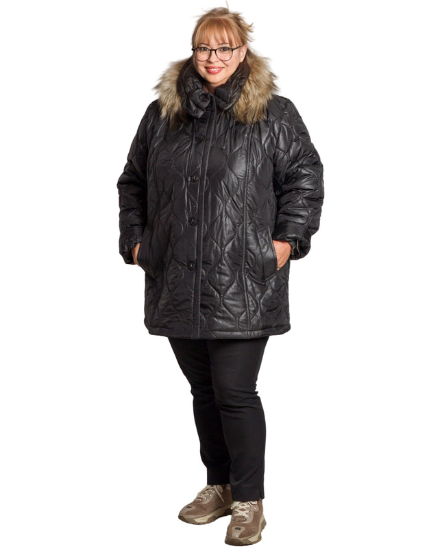 Κομψό Μαύρο Μπουφάν Plus-Size για Γυναίκες - Φθινόπωρο-Χειμώνας - Γεωμετρικό Σχέδιο - Με Κουκούλα και Τσέπες