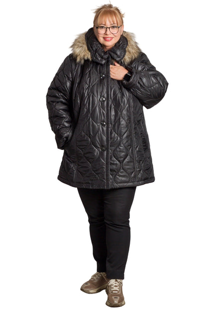 Κομψό Μαύρο Μπουφάν Plus-Size για Γυναίκες - Φθινόπωρο-Χειμώνας - Γεωμετρικό Σχέδιο - Με Κουκούλα και Τσέπες