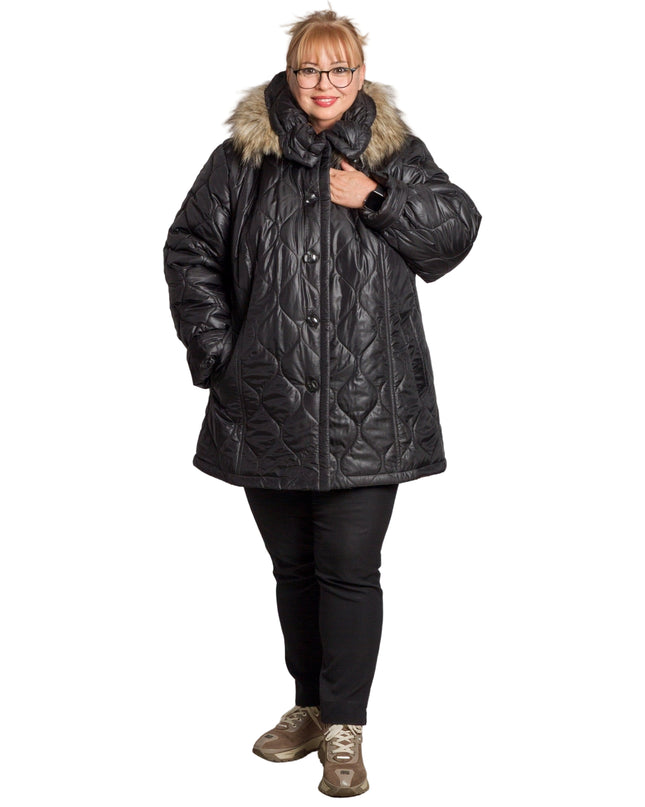 Κομψό Μαύρο Μπουφάν Plus-Size για Γυναίκες - Φθινόπωρο-Χειμώνας - Γεωμετρικό Σχέδιο - Με Κουκούλα και Τσέπες