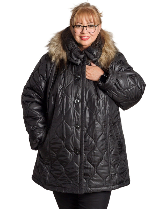 Κομψό Μαύρο Μπουφάν Plus-Size για Γυναίκες - Φθινόπωρο-Χειμώνας - Γεωμετρικό Σχέδιο - Με Κουκούλα και Τσέπες