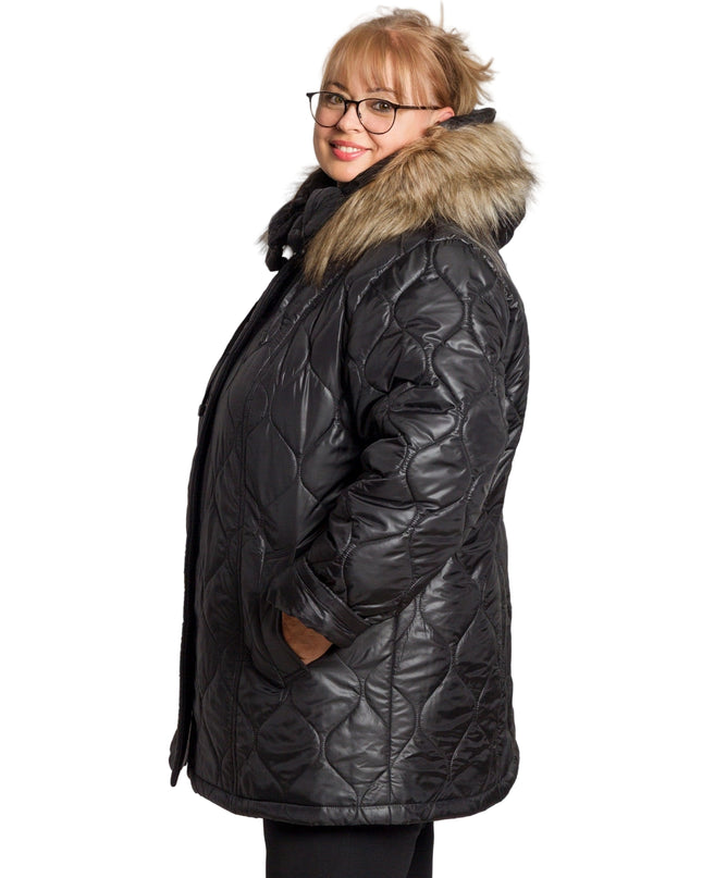 Κομψό Μαύρο Μπουφάν Plus-Size για Γυναίκες - Φθινόπωρο-Χειμώνας - Γεωμετρικό Σχέδιο - Με Κουκούλα και Τσέπες