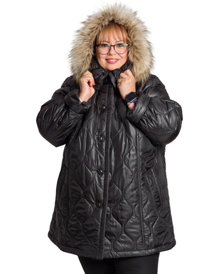 Μαύρο γυναικείο μπουφάν με κουκούλα σε μεγάλα μεγέθη