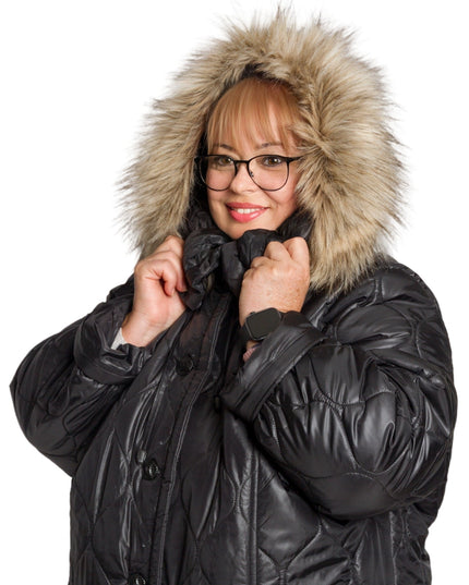 Μαύρο γυναικείο μπουφάν με κουκούλα σε μεγάλα μεγέθη