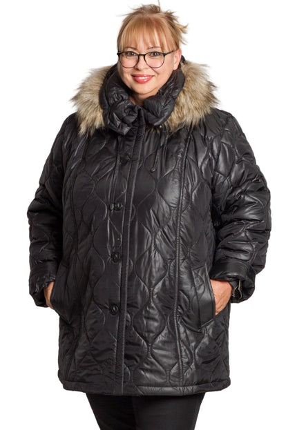 Κομψό Μαύρο Μπουφάν Plus-Size για Γυναίκες - Φθινόπωρο-Χειμώνας - Γεωμετρικό Σχέδιο - Με Κουκούλα και Τσέπες