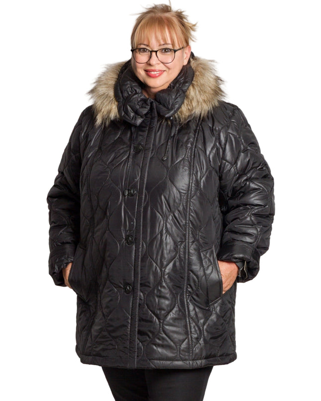 Κομψό Μαύρο Μπουφάν Plus-Size για Γυναίκες - Φθινόπωρο-Χειμώνας - Γεωμετρικό Σχέδιο - Με Κουκούλα και Τσέπες