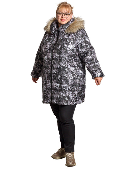 Κομψό ασπρόμαυρο μπουφάν με φερμουάρ σε μεγάλα μεγέθη