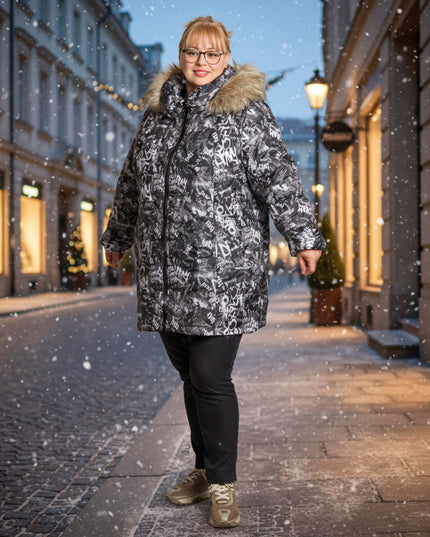 Κομψό ασπρόμαυρο μπουφάν με φερμουάρ σε μεγάλα μεγέθη