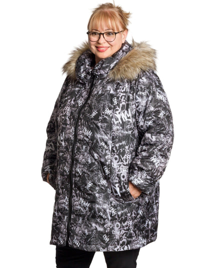 Κομψό ασπρόμαυρο μπουφάν με φερμουάρ σε μεγάλα μεγέθη