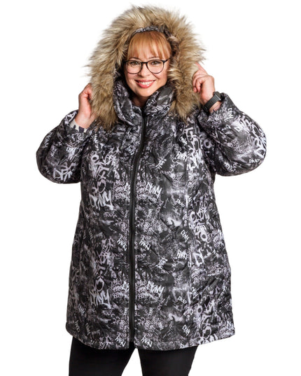 Κομψό ασπρόμαυρο μπουφάν με φερμουάρ σε μεγάλα μεγέθη