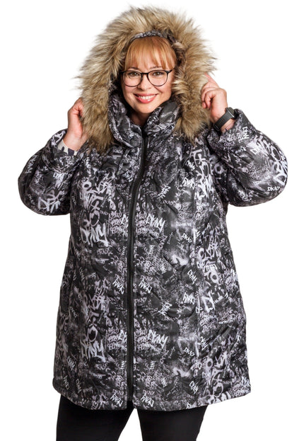 Κομψό ασπρόμαυρο μπουφάν με φερμουάρ σε μεγάλα μεγέθη