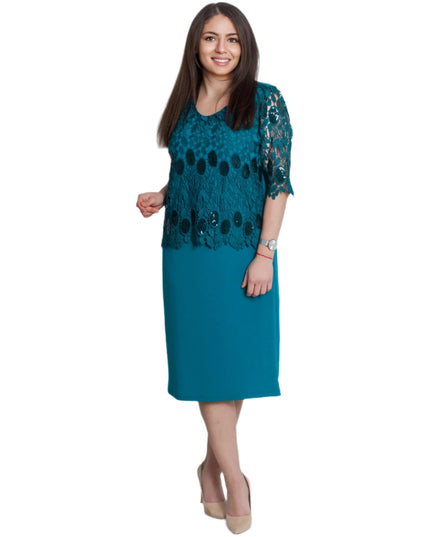 Επίσημο Ίσιο Φόρεμα σε Πετρόλ με Δαντέλα