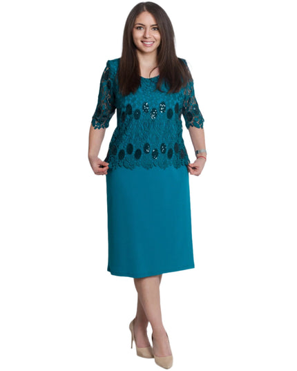 Επίσημο Ίσιο Φόρεμα σε Πετρόλ με Δαντέλα