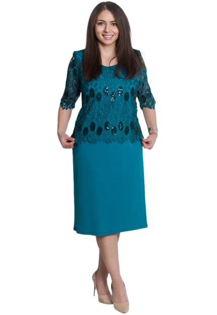 Επίσημο Ίσιο Φόρεμα σε Πετρόλ με Δαντέλα