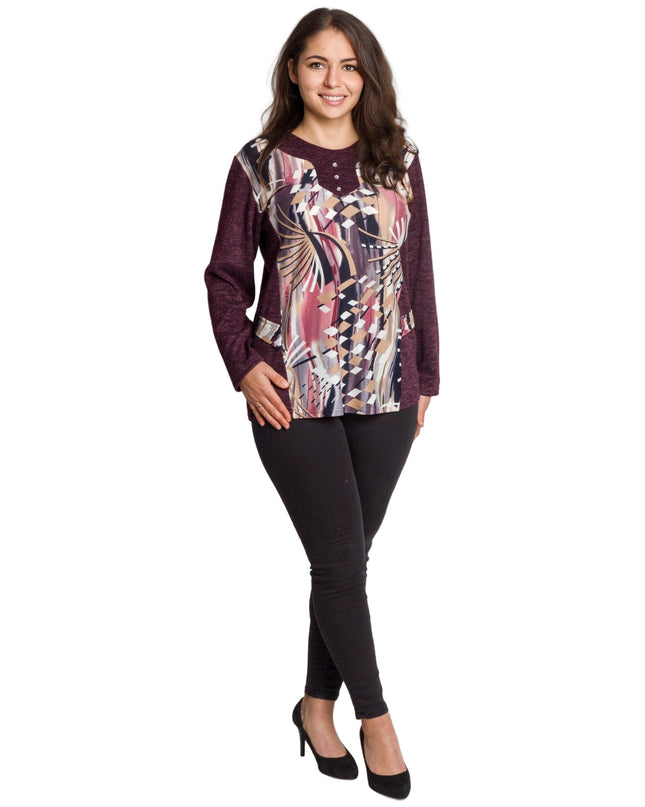 Μπορντό τουνίκ με αφηρημένο σχέδιο και κουμπιά