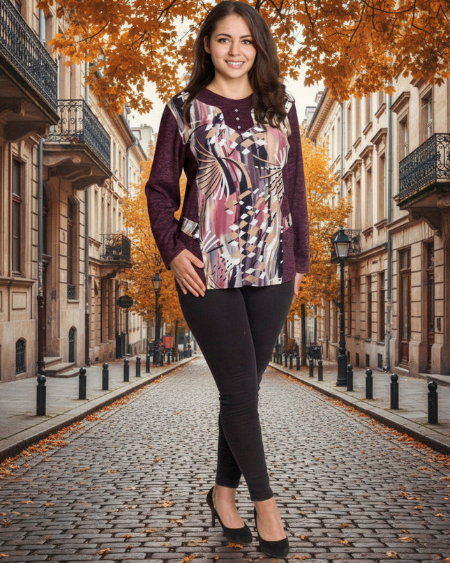 Μπορντό τουνίκ με αφηρημένο σχέδιο και κουμπιά