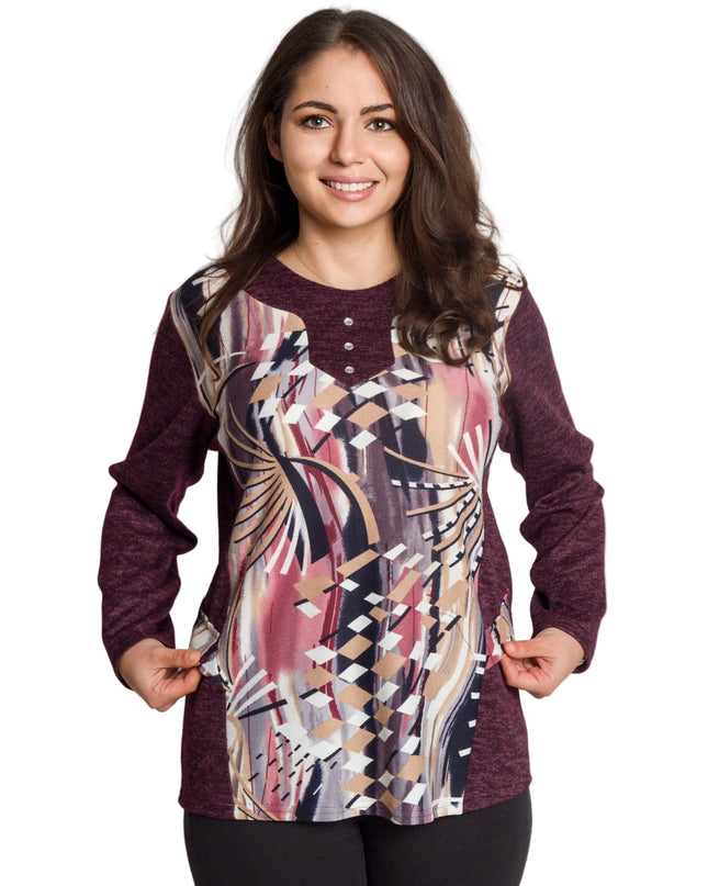 Μπορντό τουνίκ με αφηρημένο σχέδιο και κουμπιά