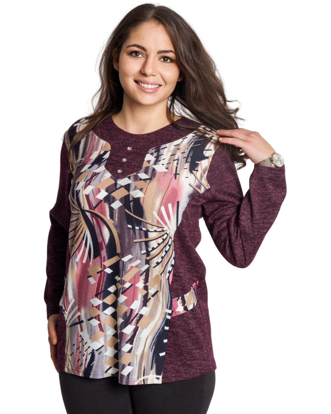 Μπορντό τουνίκ με αφηρημένο σχέδιο και κουμπιά