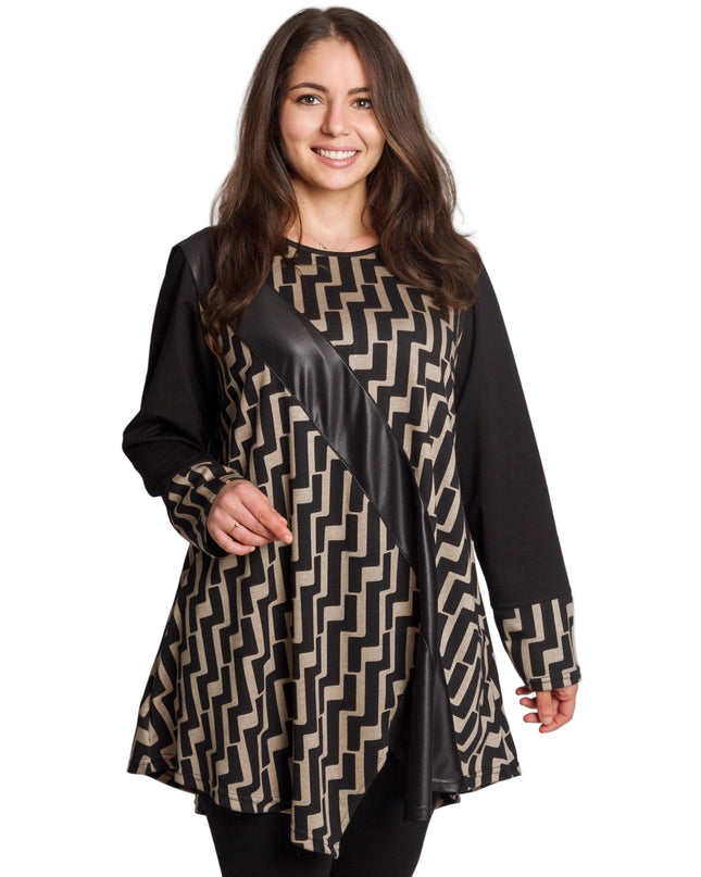Μαύρη τουνίκ με γεωμετρικό σχέδιο και δερμάτινη λωρίδα
