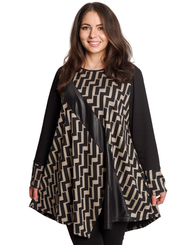Μαύρη τουνίκ με γεωμετρικό σχέδιο και δερμάτινη λωρίδα