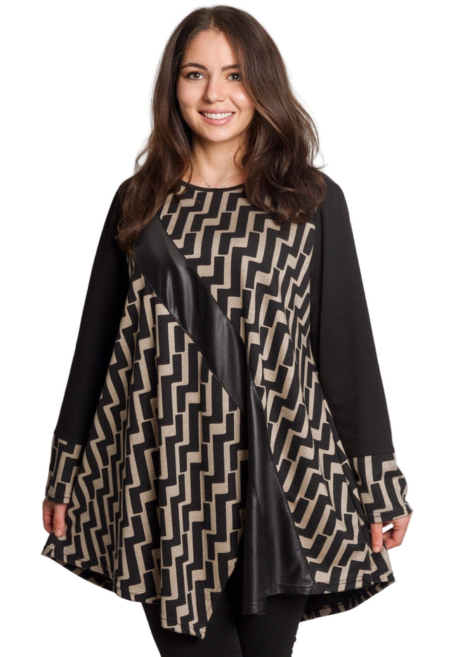 Μαύρη τουνίκ με γεωμετρικό σχέδιο και δερμάτινη λωρίδα