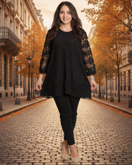 Επίσημη μαύρη τουνίκ με τούλι και λουλούδια