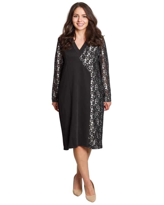 Επίσημο μαύρο φόρεμα με λουλουδάτο σχέδιο και V ντεκολτέ