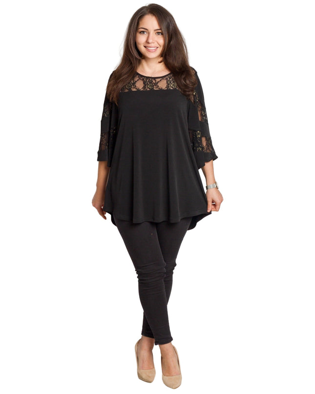 Μαύρη τουνίκ με δαντέλα & άνετη γραμμή σε μεγάλα μεγέθη