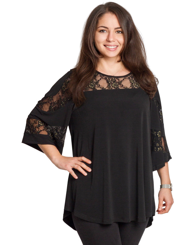 Μαύρη τουνίκ με δαντέλα & άνετη γραμμή σε μεγάλα μεγέθη