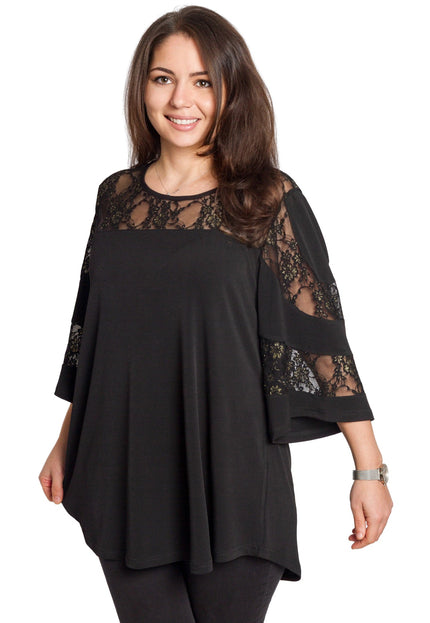 Μαύρη τουνίκ με δαντέλα & άνετη γραμμή σε μεγάλα μεγέθη
