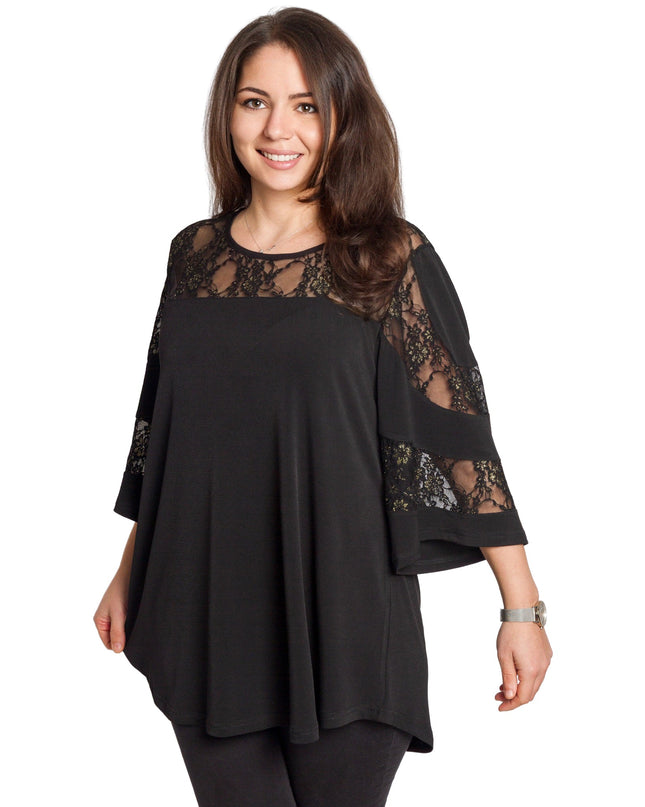 Μαύρη τουνίκ με δαντέλα & άνετη γραμμή σε μεγάλα μεγέθη