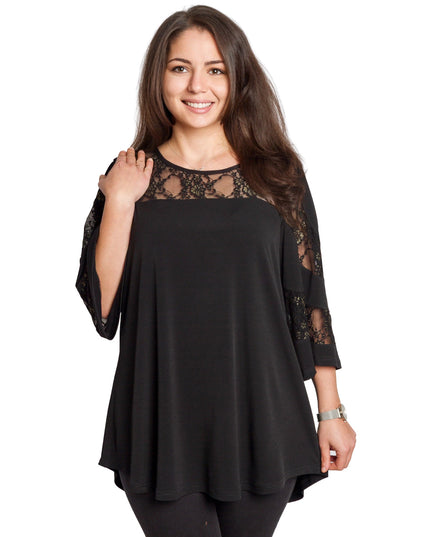 Μαύρη τουνίκ με δαντέλα & άνετη γραμμή σε μεγάλα μεγέθη