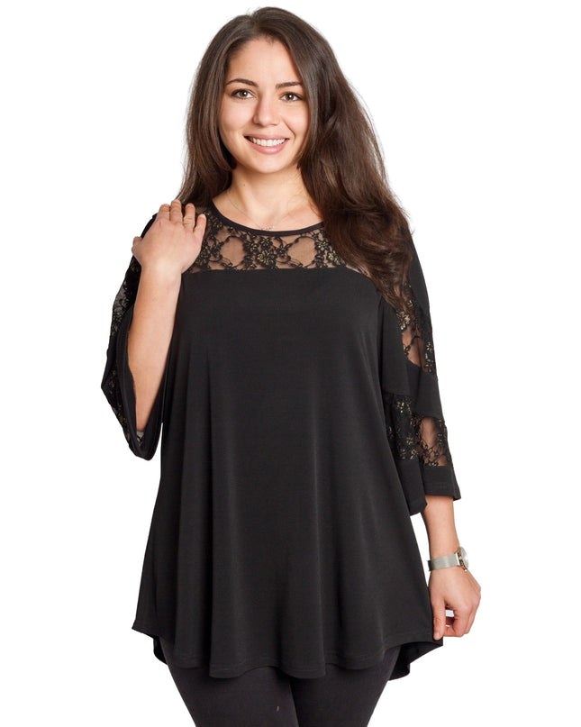 Μαύρη τουνίκ με δαντέλα & άνετη γραμμή σε μεγάλα μεγέθη