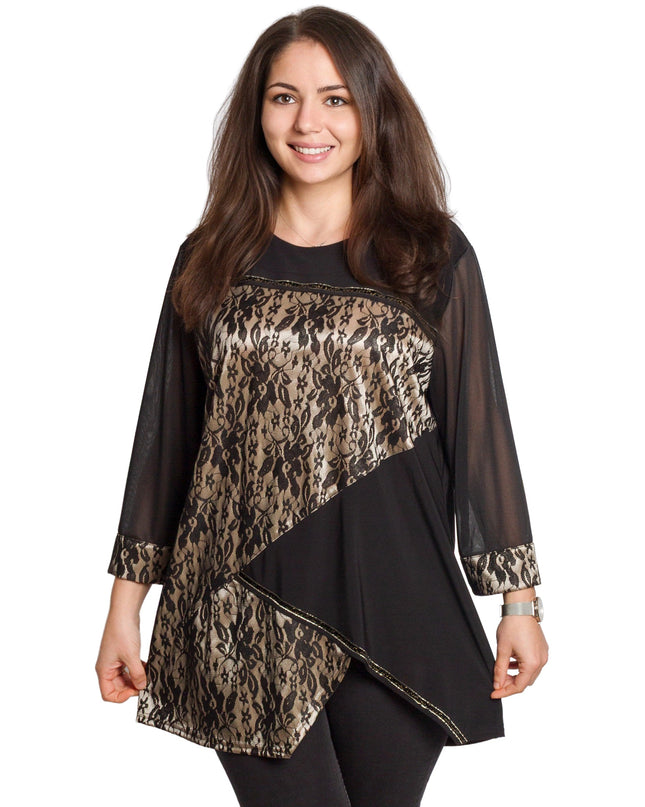 Κομψή μαύρη τουνίκ με τούλινα μανίκια & λουλούδι